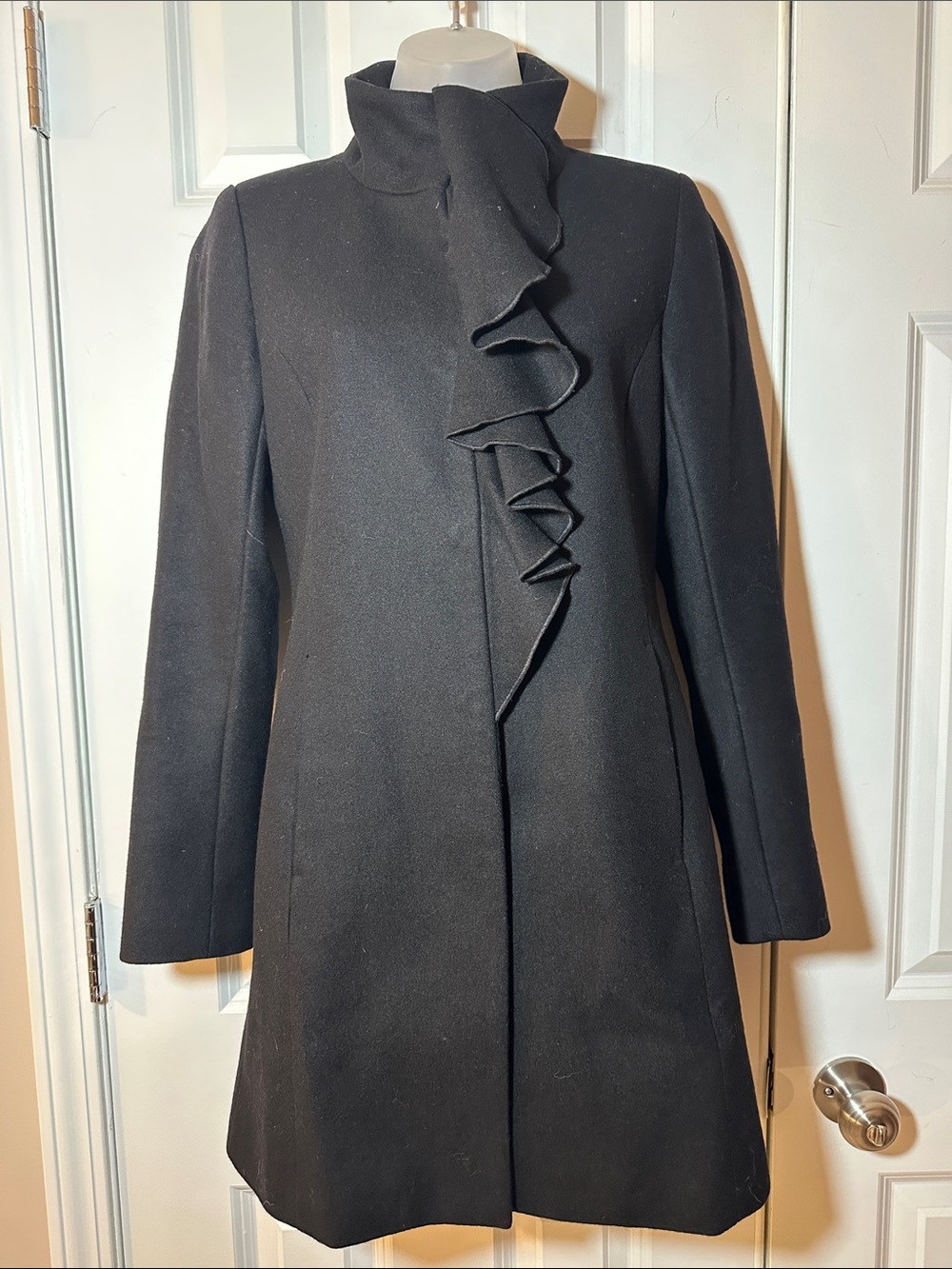 T Tahari Black Ruffle-Front Pea Coat